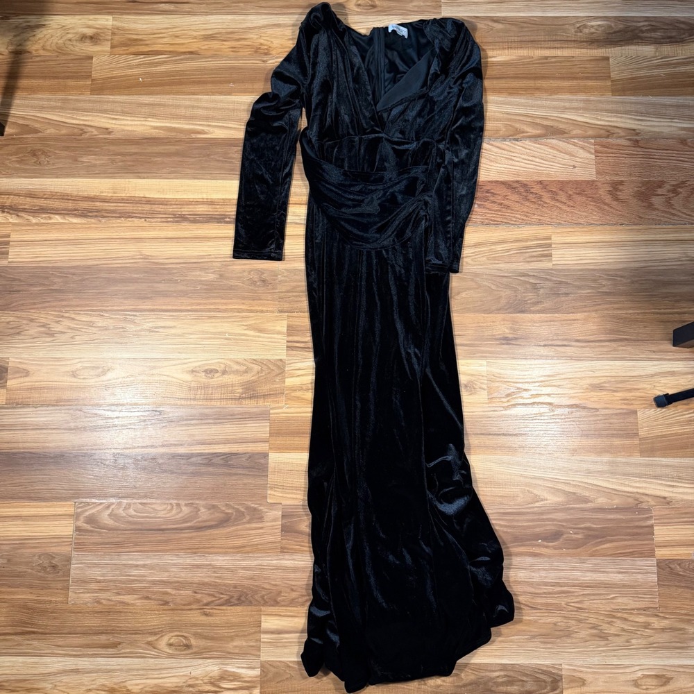 Faeriesty Black Velvet Maxi Dress Long Sleeve V-Neck Draped Formal Gown XL